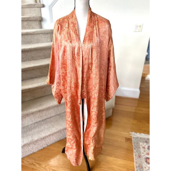Vintage 60s Peach Orange Satin Chinoiserie Full Length Kimono Duster - Picture 1 of 9